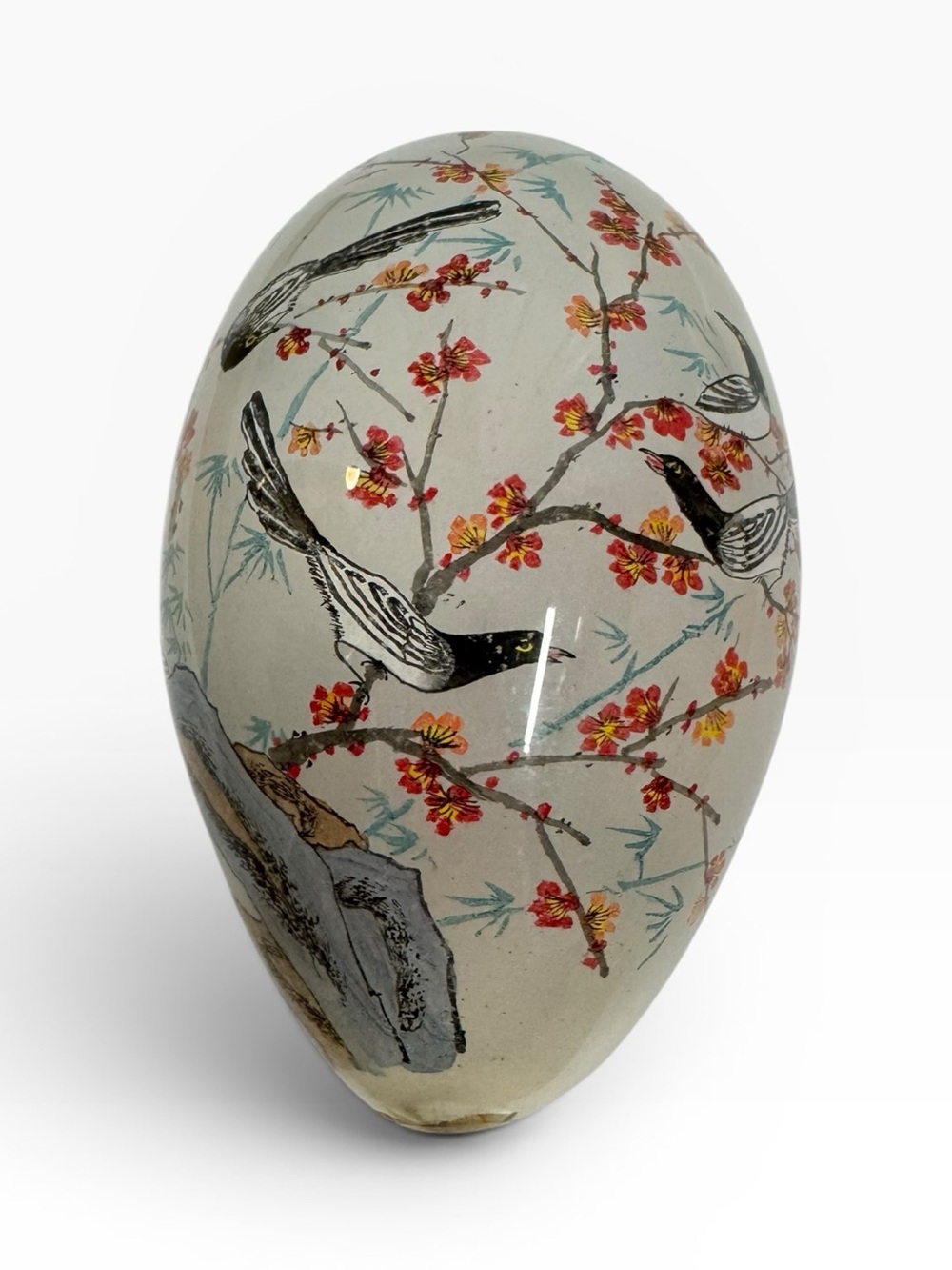 Vintage Reverse Painted Glass Egg Bird Blossom Asian Style Decorative Accent